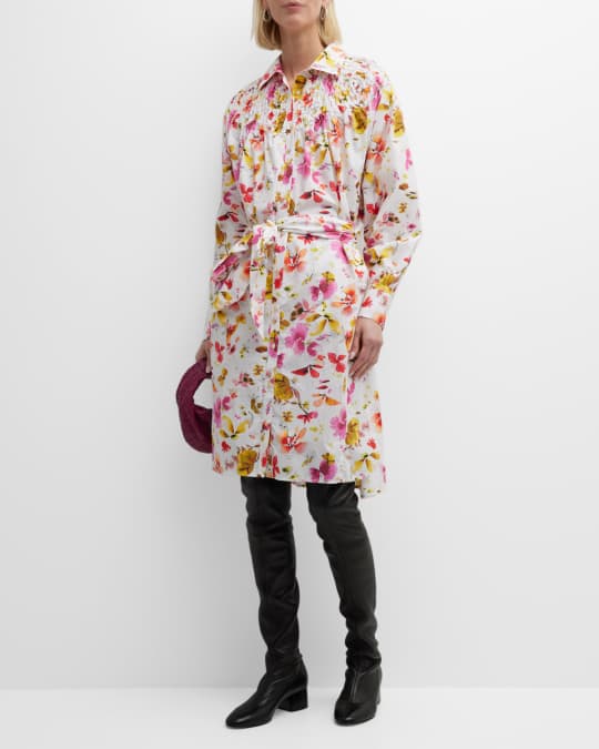 Crescent Smocked Floral Print Midi Shirtdress