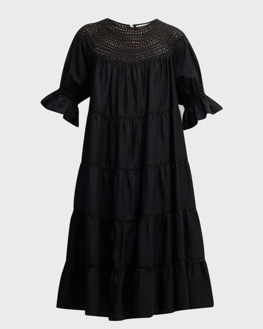 Paradis Tiered Lace-Trim Eyelet Midi Dress