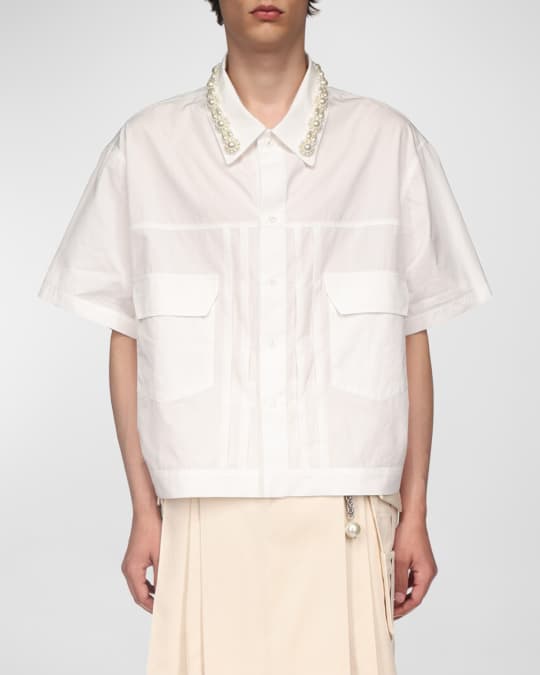 Simone Rocha Men's Pleated Shirt with Embellished Collar | Neiman