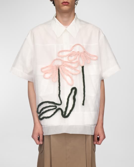 処分 Simone Rocha シャツ 美品 Simone Rocha Men's Flower Embroidered Tulle Overlay Shirt | Neiman