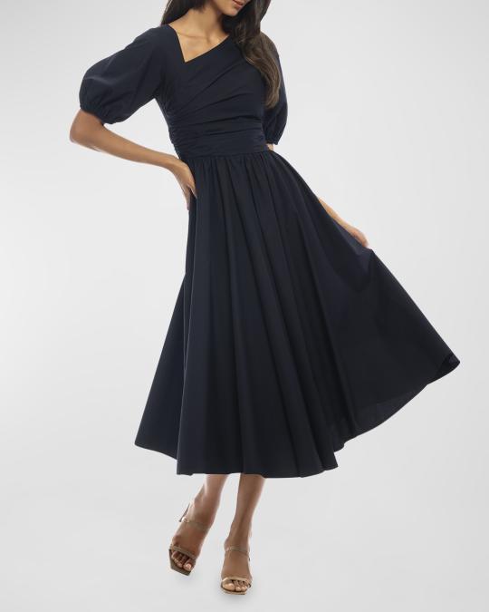 ruched puff sleeve poplin midi dress Puff Sleeve Ruched Bust Button Midi Dress  Ooins