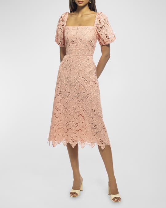 Shoshanna Tasha Puff Sleeve Floral Lace Midi Dress Neiman Marcus