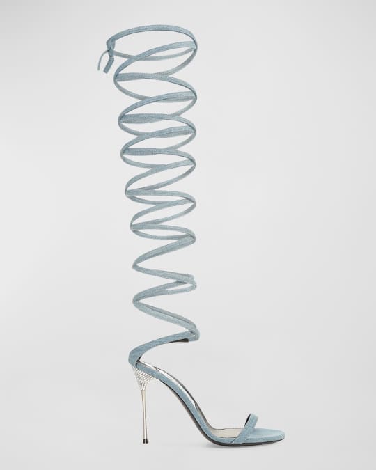AREA x Sergio Rossi Denim Over-The-Knee Wrap Sandals | Neiman Marcus