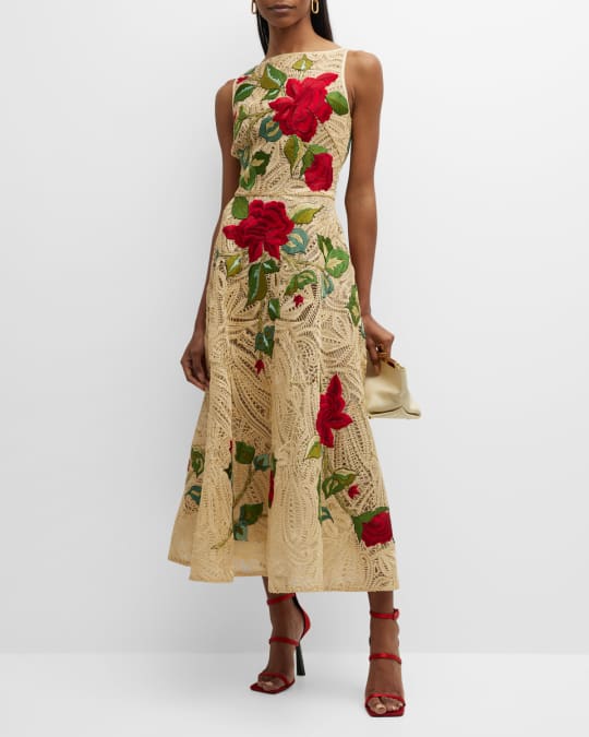 Naeem Khan Open Back Tea Dress with Floral Embroidery Neiman Marcus