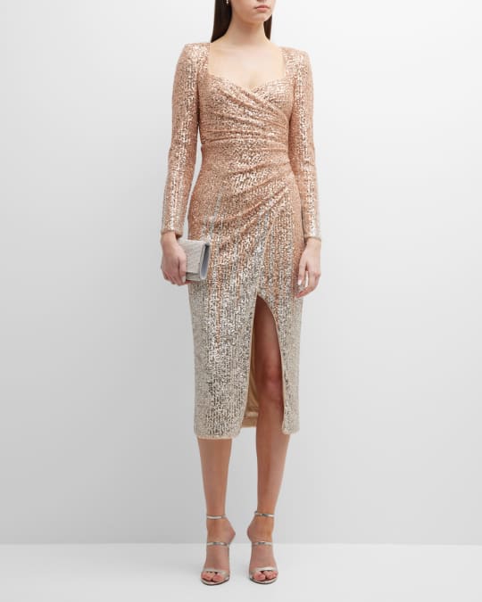 Ombre Sequin Faux Wrap Midi Dress
