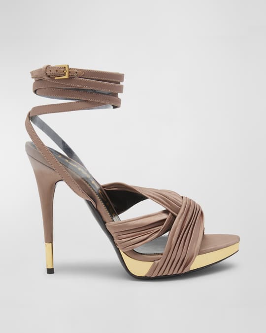 Pleated Satin Crisscross Ankle Wrap Sandals