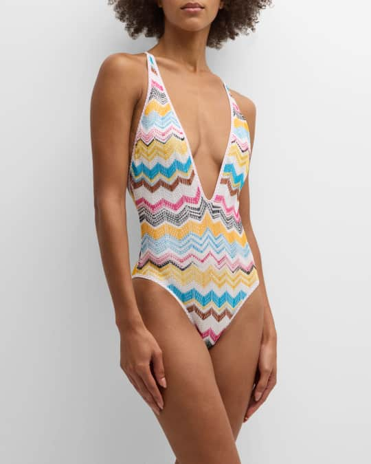 Multicolored Crochet-Knit Zig-Zag One-Piece Swimsuit