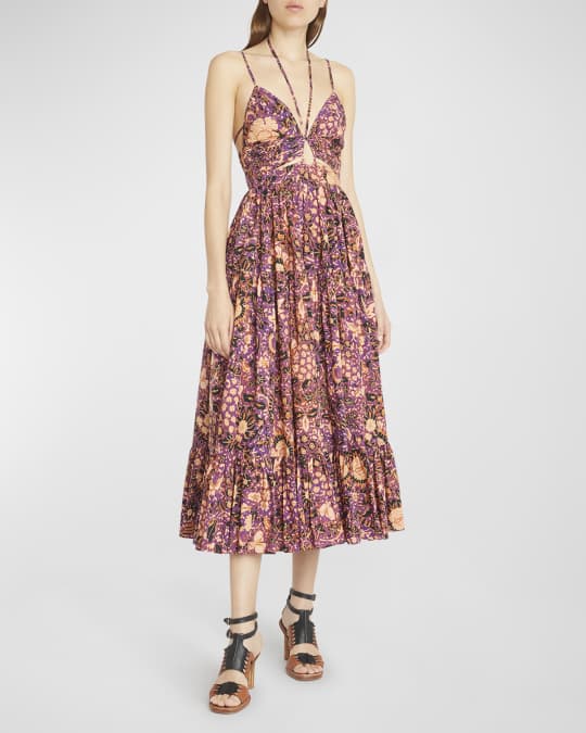 Ulla Johnson Phoebe Strappy Cutout-Bodice Cotton Midi Dress | Neiman Marcus