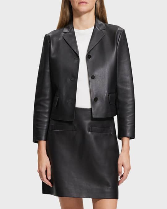 Theory Cropped Leather Jacket with Flap Pockets Neiman Marcus