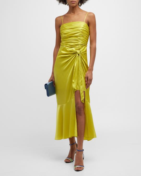 shirred-side satin midi dress B. Darlin Spaghetti Strap V-Neck Shirred Satin Midi Homecoming Dress, Womens, 13, Hunter
