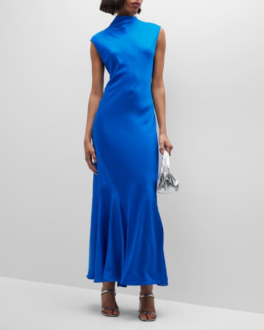 In The Style X Yasmine Chanel Satin Lace Trim Cup Detail Strappy Back Slip Dress  in Blue