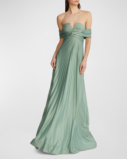 sachin and babi light blue dress RALPH LAUREN COLLECTION Hadlea one-shoulder pleated metallic silk-plissé  gown main image 0