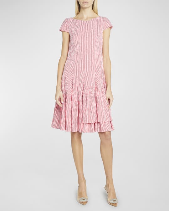 Talbot Runhof Seersucker Tiered Ruffle Day Dress Neiman Marcus