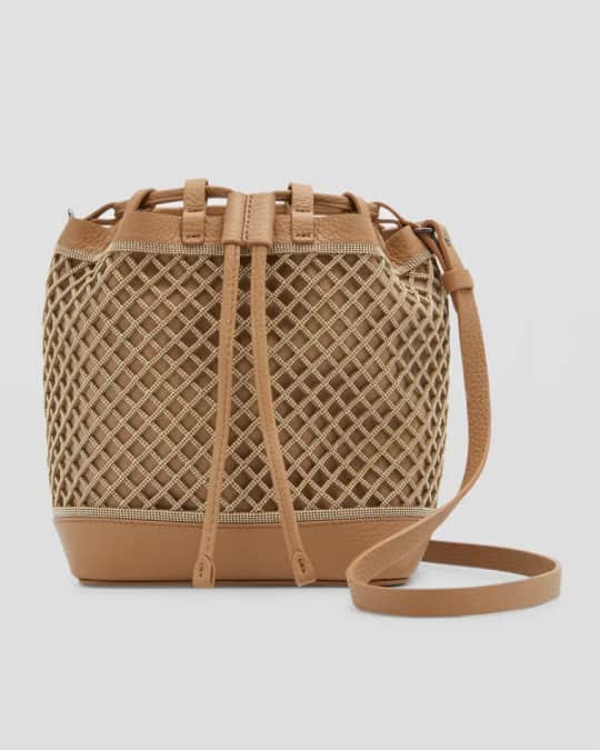 かごバッグ BRUNELLO CUCINELLI WICKER BASKET BAG Monili leather-trimmed raffia-effect basket bag in beige
