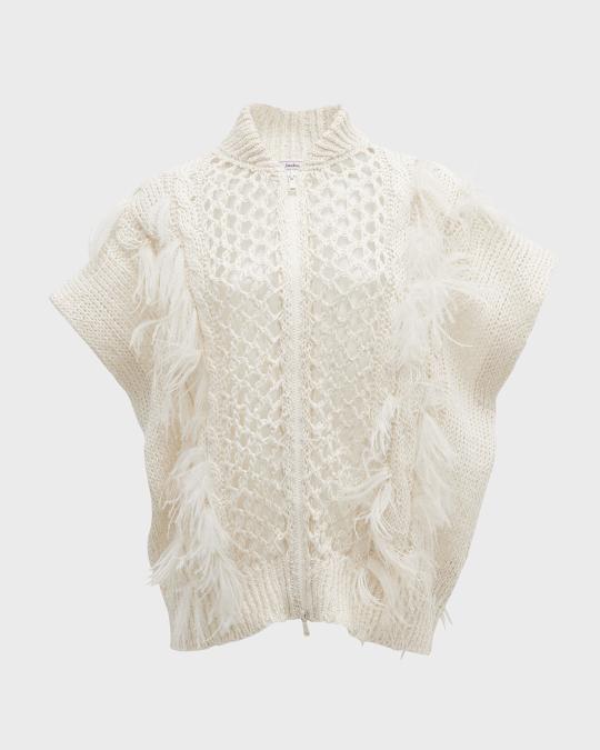 Brunello Cucinelli Feather-Trim Cap-Sleeve Jute Cotton Opera-Knit