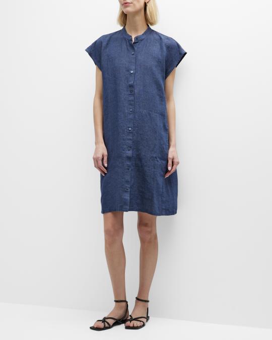 eileen fisher linen cap sleeve dress EILEEN FISHER Washed-Organic-Linen Dlav Collared Cap-Sleeve Dress