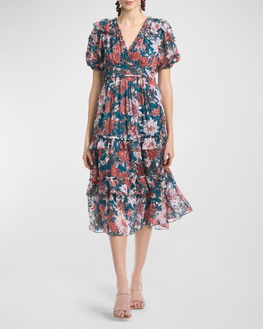 Veronica Floral Print Ruffle Trim Midi Dress