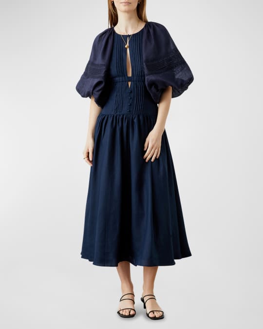 JOSLIN Ivana Pintuck Cutout Linen Midi Dress | Neiman Marcus