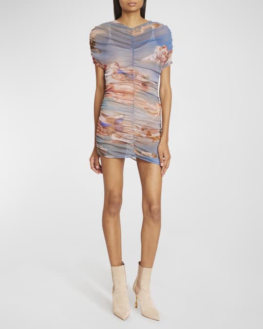 Balmain Sky-Print Ruched Tulle Mini Dress