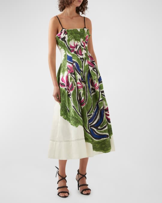Paradiso Cinched Floral Linen Blend Midi Dress