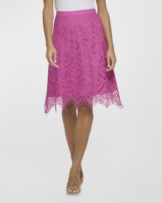 Donna Karan Scalloped Tile Lace A-Line Midi Skirt | Neiman Marcus