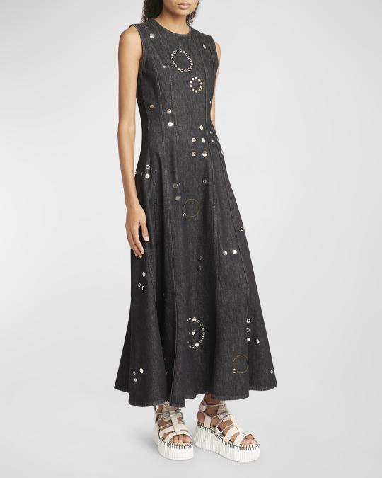 chloe denim maxi dress Chloe Denim Maxi Dress With Grommet Embellishments
