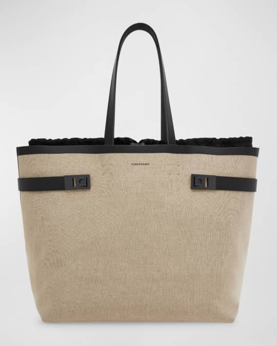 Salvatore Ferragamo Canvas x leather Gancini pouch included Tote Bag 726588 Beige x black