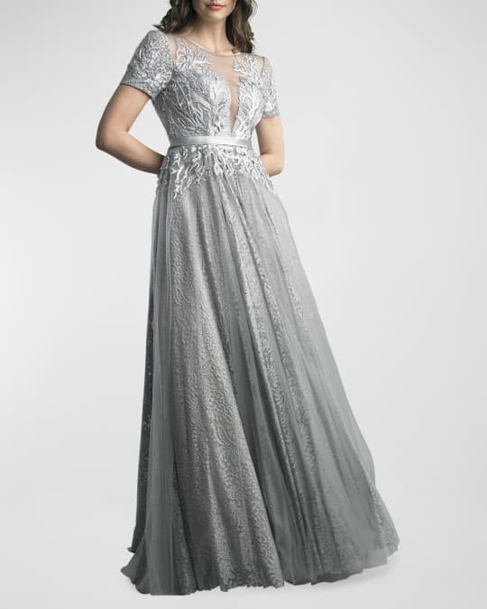 Basix Short Sleeve Burnout Lace Gown Neiman Marcus