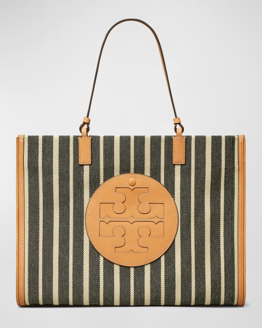 The Suitcase striped webbing and leather-trimmed canvas tote