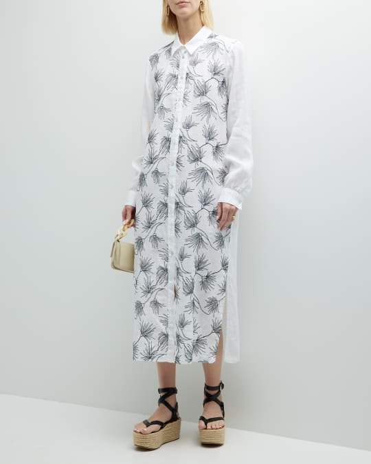120% Lino Floral-Embroidered Button-Down Linen Dress | Neiman Marcus
