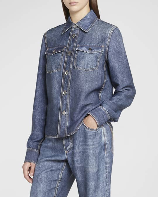 Bottega Veneta Trompe L'Oeil Denim-Print Collared Shirt