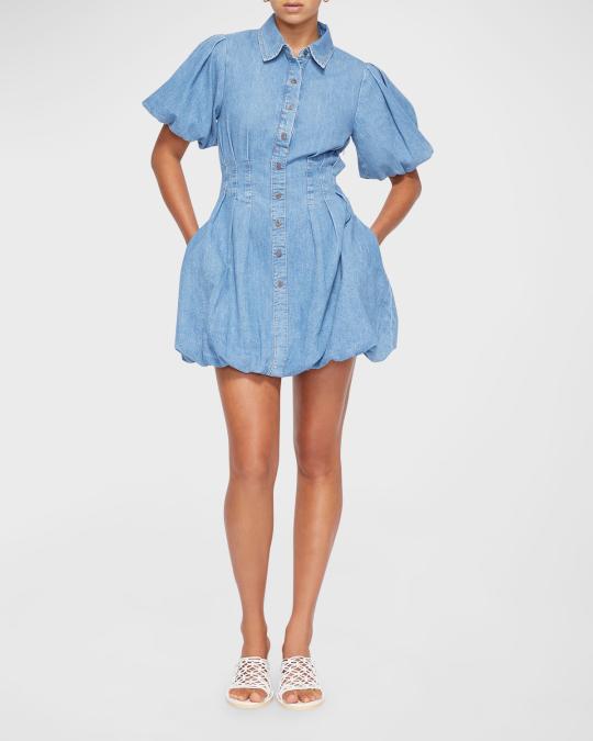 bubble hem denim dress ASOS LUXE denim mini dress with scallop detail and bubble hem in blue