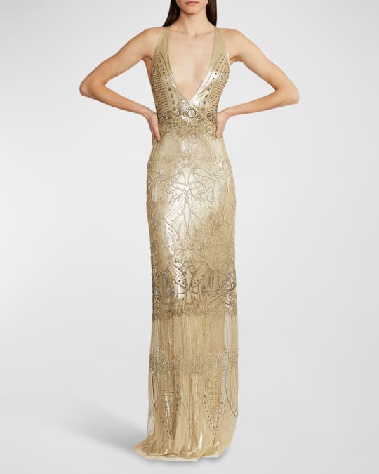 Ralph Lauren Collection Briony Plunging Beaded Metallic Gown | Neiman Marcus
