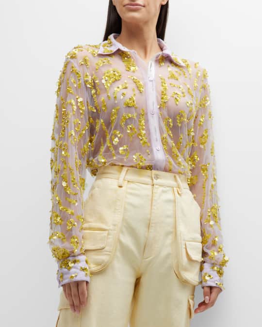Des Phemmes Embroidered Tulle Button-Front Shirt | Neiman Marcus