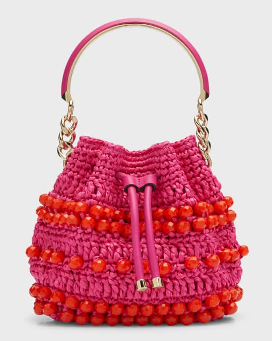 かごバッグ JIMMY CHOO BON BON BEADED RAFFIA HAND BAG Bon Bon Bucket | Natural Beaded Raffia and Smooth Leather