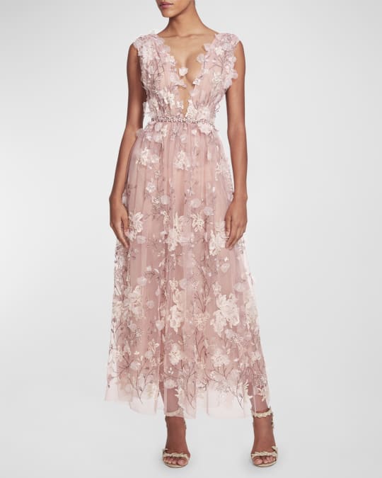 Marchesa Plunging Floral Applique Beaded Tulle Maxi Dress | Neiman Marcus