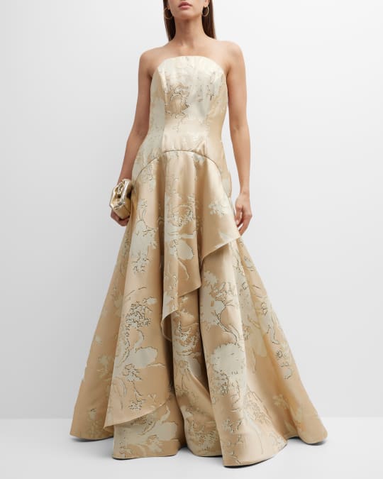 Strapless Drop Waist Metallic Jacquard Gown