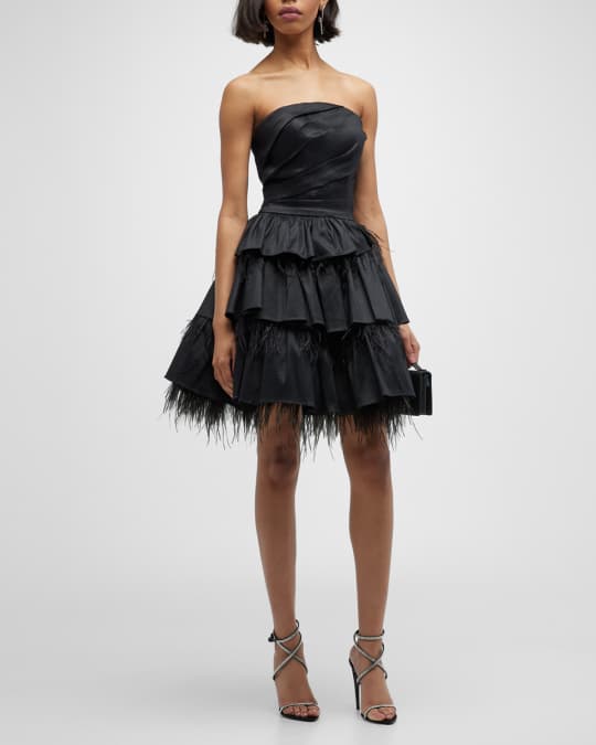 Tiered Strapless Feather Trim Mini Dress