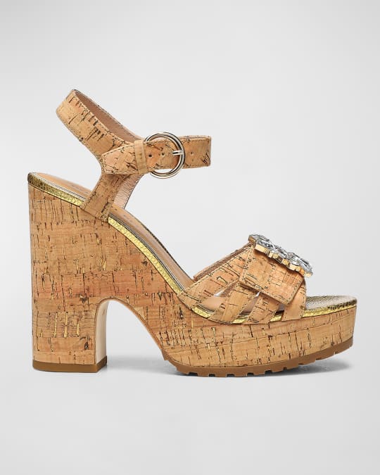 Galatea Jeweled Cork Ankle Strap Platform Sandals