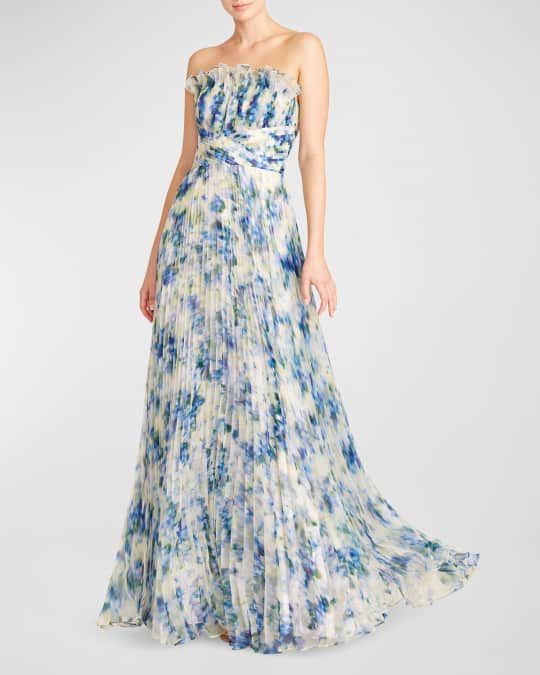Theia Ingrid Strapless Pleated Abstract-Print Gown | Neiman Marcus