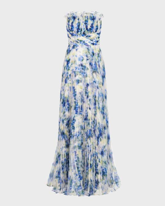 Theia Ingrid Strapless Pleated Abstract-Print Gown | Neiman Marcus