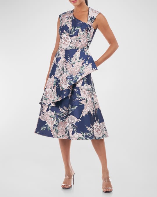 Asymmetric Floral Jacquard Ruffle Midi Dress