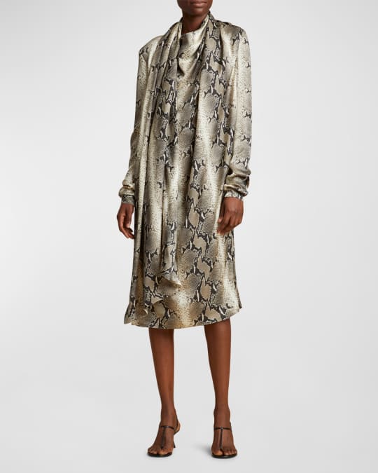 Khaite Shaz Snakeskin-Print Scarf-Neck Strong-Shoulder Midi Dress | Neiman  Marcus