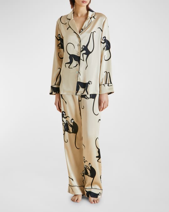 Lila Monkey Print Silk Pajama Set