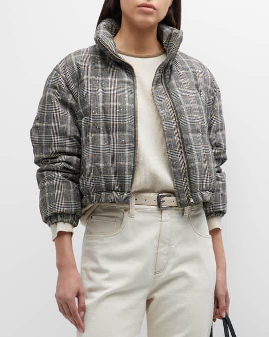 Wool Check Short Puffer Jacket with Paillette Detail