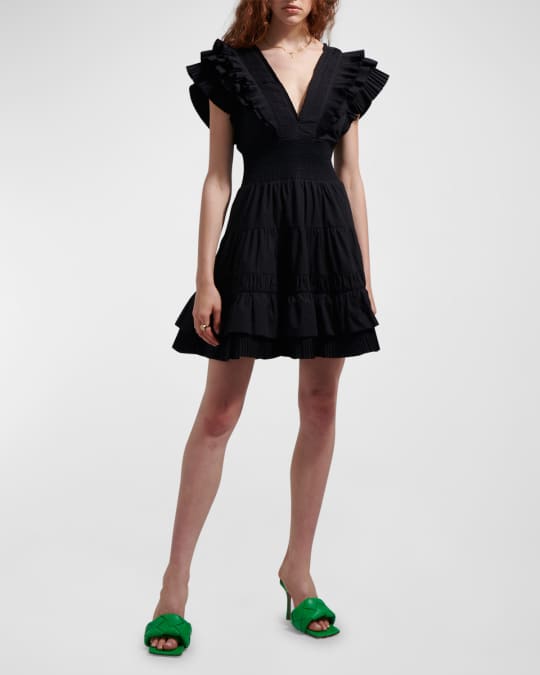 LOVE THE LABEL Maribel V Neck Ruffle Poplin Mini Dress Neiman Marcus