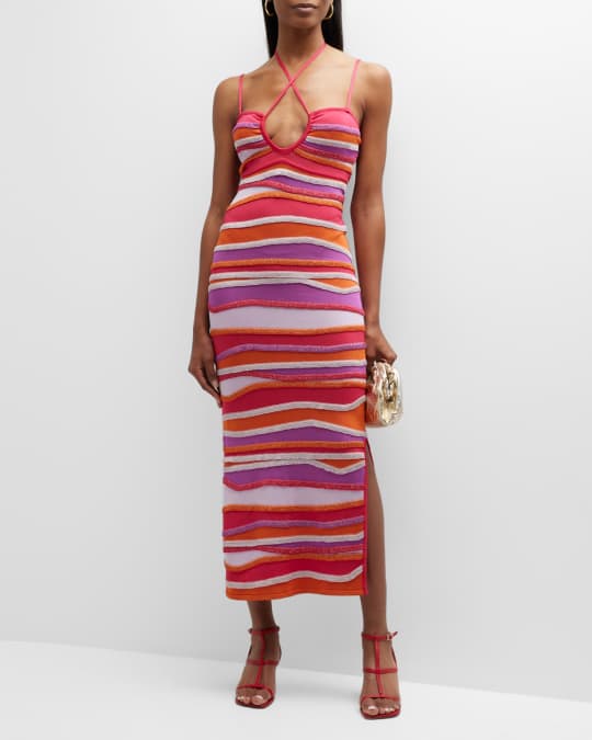 PAOLA BERNARDI Rebecca Strappy Striped Halter Midi Dress | Neiman Marcus