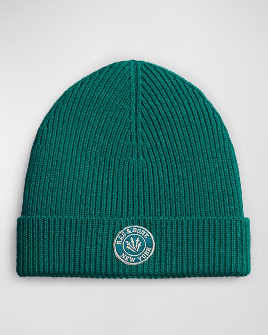 rag & bone Charlie logo wool ribbed hat in green Vintage Radio Embroidered Organic Ribbed Beanie | Rebel Girl  main image 4