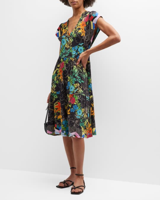 Johnny Was Nero Tiered Floral Print Cap Sleeve Midi Dress Neiman