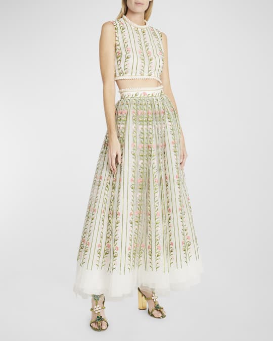 【関税込み】GIAMBATTISTA VALLI FLORAL EMBROIDERY SKIRT Giambattista Valli Floral Embroidered Chain-Trim Mesh Maxi